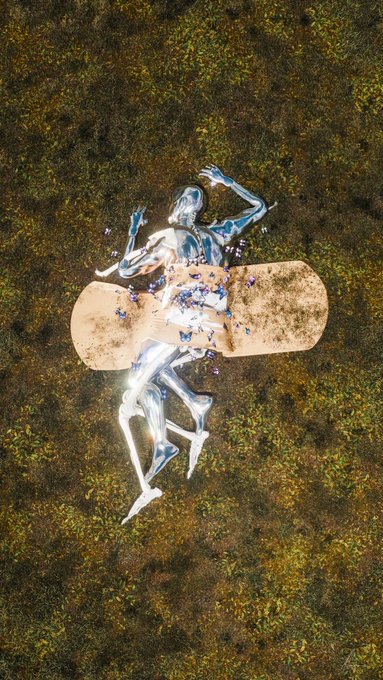 A digital artwork of a silver robotic figure floating or falling against a dark, grassy background while holding a dirty skateboard.