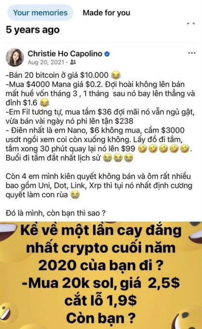 A 5-year-old Facebook post from Christie Ho Capolino (Aug 20, 2021) sharing crypto trading losses, including selling 20 bitcoin at $10,000, buying $4000 Mana at $0.2, and losing on various altcoins, ending with a poll asking about the most bitter crypto loss of 2020 with someone mentioning buying 20k SOL at $2.5 and losing to $1.9.