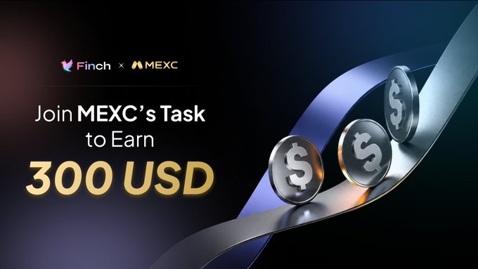 A promotional graphic for 'Finch x MEXC' advertises 'Join MEXC's Task to Earn 300 USD' with silver dollar coins rolling along a blue ribbon.