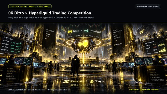 A promotional banner for the '0K Ditto x Hyperliquid Trading Competition' featuring a futuristic dark cityscape with golden lighting, trading statistics, and branding for ZeruAI, Zaps, and ZeruFinance.