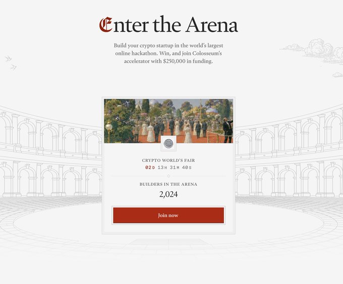 A webpage titled 'Enter the Arena' promoting Colossum's crypto hackathon with '$250,000 in funding,' featuring a 'CRYPTO WORLD'S FAIR' countdown timer and a 'Join now' button.
