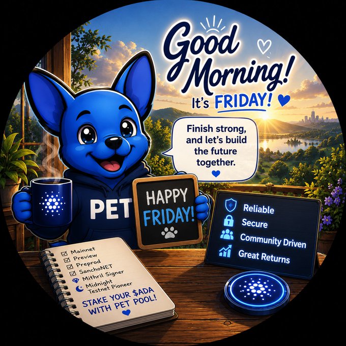 The image features a cartoon dog sitting at a desk with a notebook and a cup of coffee. The caption reads "Good Morning! It's Friyay!" and there are two more captions below, one that says "It's Friday!", and another that says "Happy Friday! Pet lovers? Consider #StakeWithPET #CardanoCommunity #Cardano #ADA".