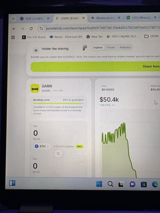 A laptop screen displays the ponz.family launchpad page for the $GARRI token, showing a price of $50.4k with a market cap of $50,408 and 94% bonding curve progress to graduation, accompanied by a green price chart reflecting the new all-time high.