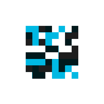 An abstract pixelated logo or graphic composed of teal, cyan, black, and white square blocks on a white background.