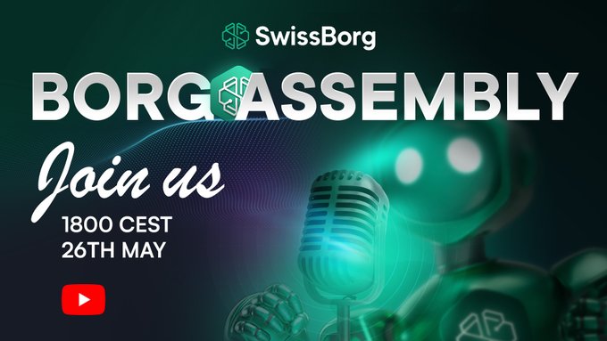 The image features a poster with a green robot standing next to a microphone, both of which are illuminated by blue light. The text on the poster reads "Borgers, tonight the Assembly goes live at 18:00 CEST. On the agenda: A new proposal for the future of $BORG tokenomics portfolio positioning for 2026. Your chance to ask @Cyrus_Fazel and @BenjyXPs questions directly." The robot is positioned in front of a microphone, suggesting that it might be used as an interactive element during the event or webinar.