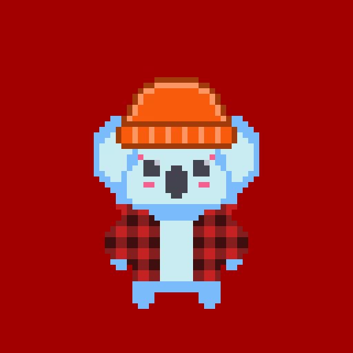 A pixel art illustration of a light blue koala wearing an orange knit beanie and a red plaid flannel shirt against a dark red background.