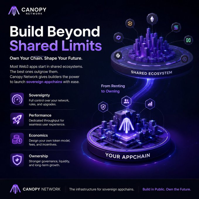 The image features two purple towers with various icons representing different aspects of building an ecosystem for blockchain apps. The first tower has a "Build Beyond Shared Limits" icon, while the second tower displays a "Your Appchain" icon. These towers symbolize the importance of creating and maintaining shared ecosystems in the world of blockchain technology.