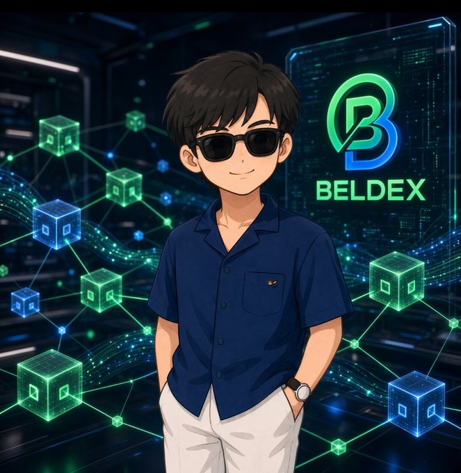 An anime-style illustration of a young man with black hair wearing sunglasses, a dark blue shirt, and white pants, standing in front of a tech-themed background featuring the 'BELDEX' logo and blockchain cubes.