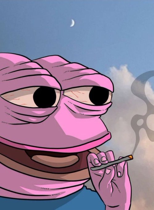 An animated character wrapped in pink bandages smoking a cigarette, with smoke rising against a blue sky with a crescent moon.