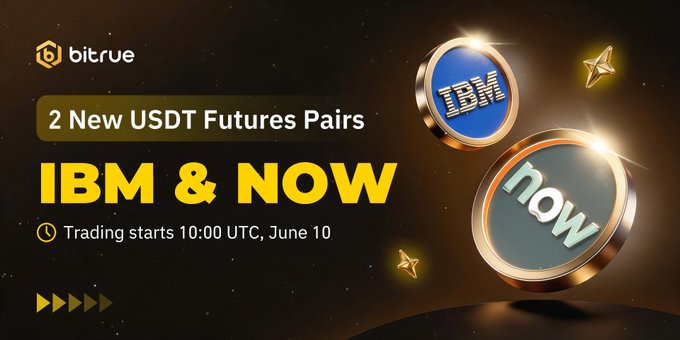 The image features a poster for Bitrue's new offerings of two new USDT Futures Pairs, IBM & Now. The poster has a dark background with gold text that reads "2 New USDT Futures Pairs IBM & Now". Below this information is a list of details about the offerings including the start date and time of trading, which is scheduled for June 10th at 10:00 UTC.