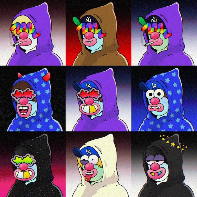 A 3x3 grid showing nine colorful, cartoon-style clown-like hooded characters with rainbow features, some wearing hats marked "NJ" or "LA." The accompanying post promotes the "Hoo" NFT collection on OpenSea, with these characters likely representing the "groupies" avatars referenced in the tweet.
