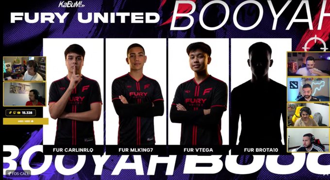 The image shows a Free Fire esports team called "FURY UNITED" with players FUR CARLINRLO, FUR MLKING7, FUR VTEGA, and FUR BROTA10 (whose photo is a silhouette placeholder), with the KaBuM! logo in the corner and a "BOOYAH!" victory graphic. The silhouette of the fourth player humorously represents someone who "doesn't exist" — a visual joke playing on the caption's reference to Bitcoin and the common "this doesn't exist" meme.
