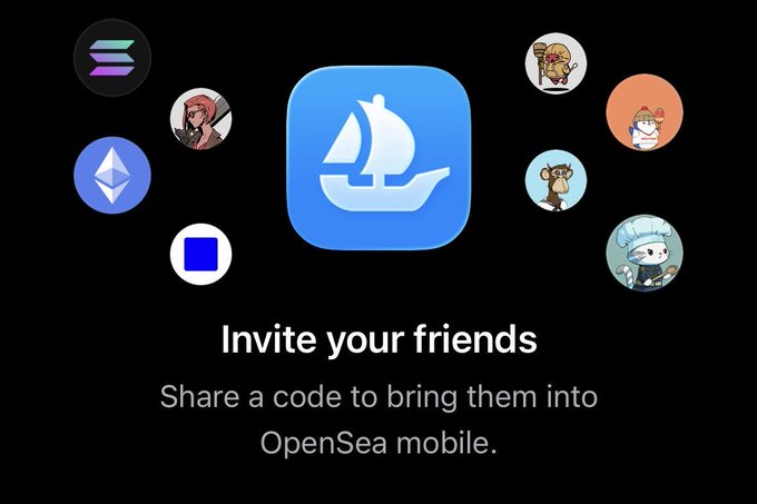 The image shows an OpenSea promotional screen displaying a sailboat logo icon centered among various NFT avatars, with the text "Invite your friends - Share a code to bring them into OpenSea mobile." This relates to the post which references an OpenSea link (opensea.io/RFDZ), suggesting the user is sharing their invite code to bring more friends onto the platform, with only 37 of 85.900 referrals completed so far.