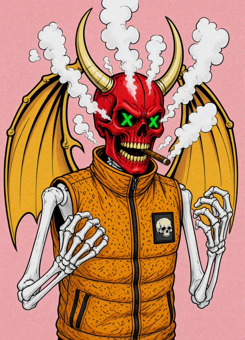An illustration of a red demonic skull with gold horns, green X-shaped eyes, bat wings, and a smoking cigar, wearing an orange puffer vest with a skull patch against a pink background.