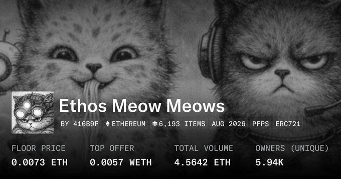 An NFT collection listing for 'Ethos Meow Meows' on Ethereum featuring grayscale cat illustrations, with floor price 0.0073 ETH and 5.94K unique owners.