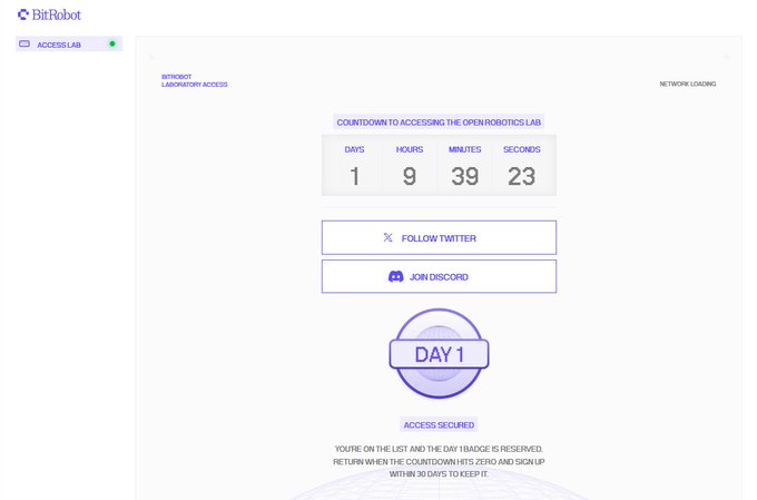 A webpage for BitRobot Laboratory Access featuring a countdown timer showing 1 day, 9 hours, 39 minutes, and 23 seconds until access, along with buttons to follow Twitter and join Discord.