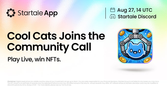Promotional graphic for Startale's Community Call on Aug 27 at 14 UTC via Startale Discord, featuring Cool Cats and their Claw Machine game with the tagline "Cool Cats Joins the Community Call - Play Live, win NFTs," aligning with the post's announcement of the Cool Cats and intraVerse founders joining to discuss Summer Fiesta missions.
