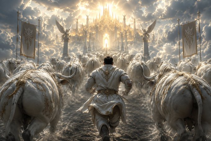 A man in white and gold robes runs toward a radiant heavenly citadel, surrounded by a stampede of majestic golden-adorned white bulls flanked by angelic statues and banners. The image visually embodies the "White Bull" theme from the post, symbolizing the grandeur and ascension of the $WYNN token as creator tokens are ceremoniously burned.