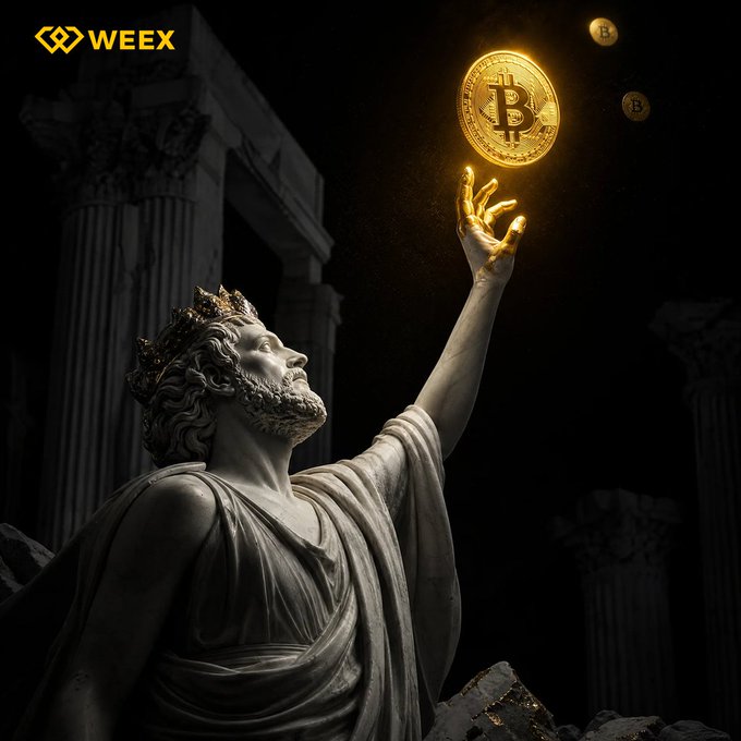 A regal, golden-crowned statue reaches upward to touch a glowing Bitcoin coin, embodying the post's call to "touch BTC" as a symbolic gesture of reaching toward cryptocurrency's promise. The WEEX logo is displayed in the top-left corner.
