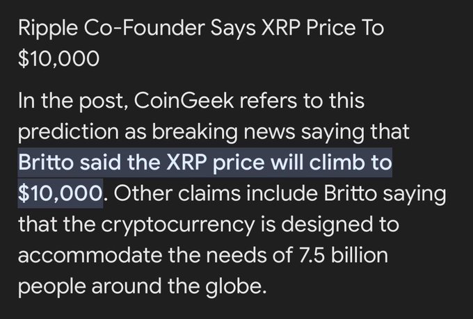 A dark-themed article snippet titled "Ripple Co-Founder Says XRP Price To $10,000" highlights a prediction that Britto claimed the XRP price will climb to $10,000, with the cryptocurrency designed to accommodate 7.5 billion people globally. The post's caption aligns with this by quoting the founder's statement that "#XRP WAS DESIGNED FOR $10,000 EACH," echoing the highlighted prediction in the image.