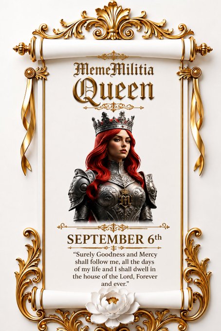 An ornate scroll-style poster titled 'MemeMilitia Queen' featuring a red-haired woman in silver armor and a crown, dated 'September 6th' with the quote: 'Surely Goodness and Mercy shall follow me, all the days of my life and I shall dwell in the house of the Lord, Forever and ever.'