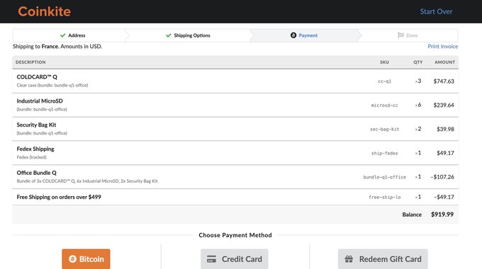 A Coinkite checkout page shows a $919.99 order for 3 Coldcard Q bundles, 6 industrial microSDs, and 2 security bag kits being shipped to France, with only Bitcoin offered as a payment method. The image highlights how the company's store checkout is only available via Bitcoin, no credit card option accepted despite the option being displayed.