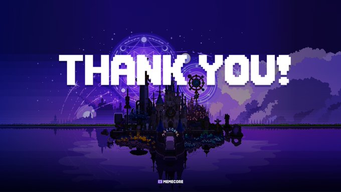 A pixel art animation background features a dark castle silhouette against a purple sky, with the large pixelated text "THANK YOU!" overlaid across the center.