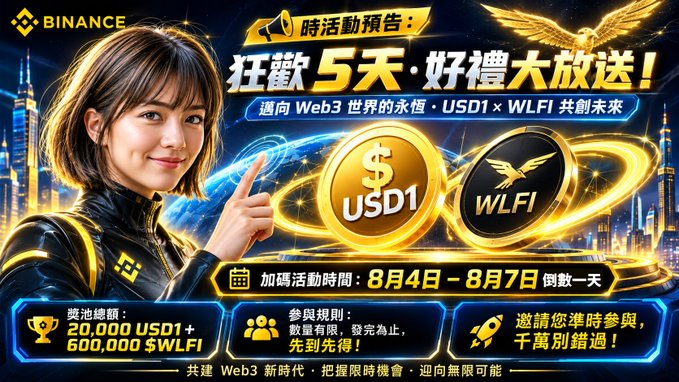 A Binance promotional advertisement features a woman pointing at USD1 and WLFI coins, advertising a 5-day event from August 4-8 with a prize pool of 20,000 USD1 and 600,000 WLFI.