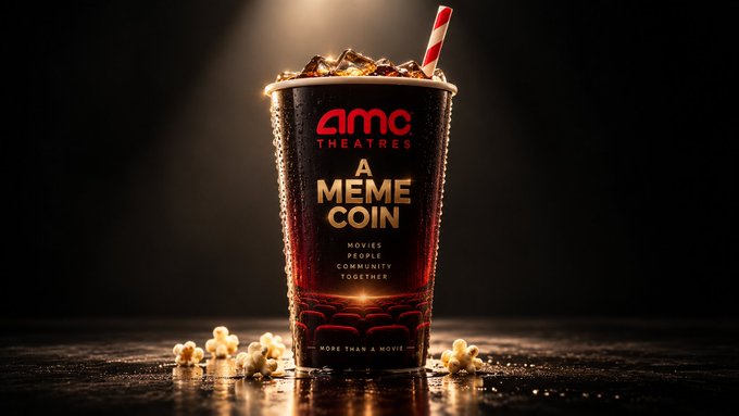 A promotional image of an AMC Theatres soda cup labeled 'A MEME COIN' with text 'MOVIES, PEOPLE, COMMUNITY, TOGETHER' and 'MORE THAN A MOVIE' on the cup, featuring a red-and-white striped straw and popcorn.