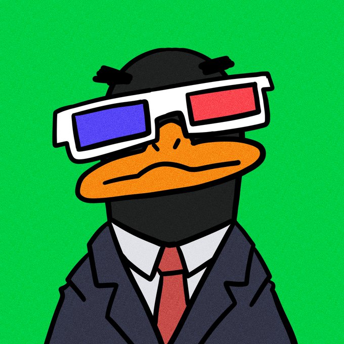An illustration of an anthropomorphic duck wearing a black suit, red tie, and 3D glasses (one blue, one red lens) against a green background.