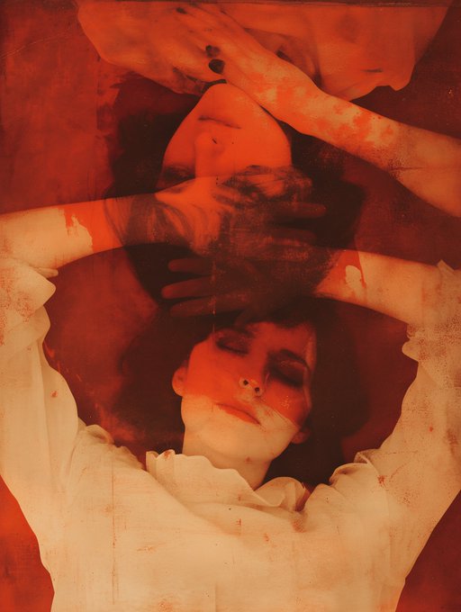 A surreal, atmospheric photograph with deep red tones showing a person's face with closed eyes, partially obscured by other hands and draped over a form, creating a haunting, layered composition.