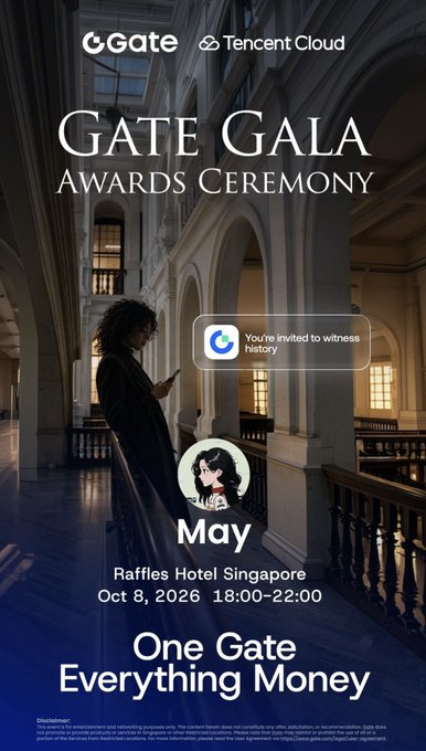 An event invitation poster for 'GATE GALA AWARDS CEREMONY' hosted by Gate and Tencent Cloud, featuring a woman in a hallway and an avatar character, scheduled for Oct 8, 2026 at Raffles Hotel Singapore.