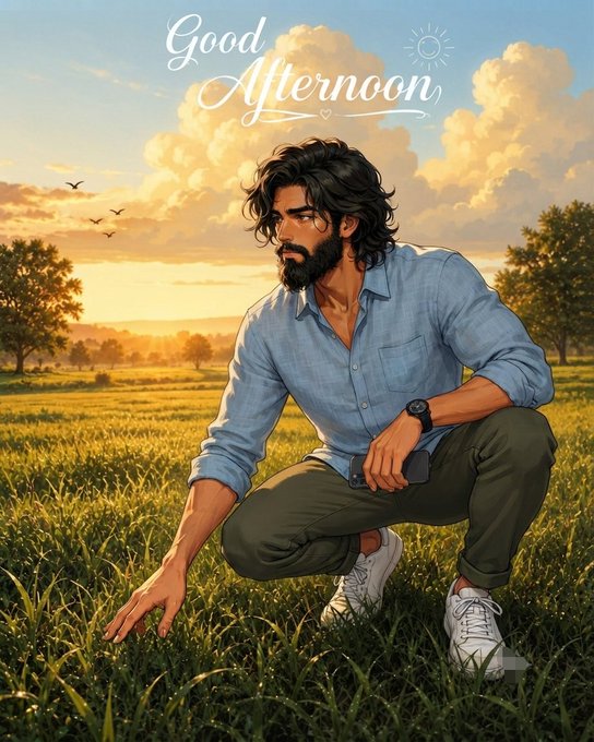An illustrated 'Good Afternoon' image features a bearded man in a blue shirt crouching in a grassy field under a cloudy sunset sky.