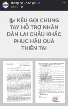 Vietnamese Facebook post from 'Thông tin Chính phủ' (Government Information) featuring an appeal 'KÊU GỌI CHUNG TAY HỖ TRỢ NHÂN DÂN LAI CHÂU KHẮC PHỤC HẬU QUẢ THIÊN TAI' with official letter documents.