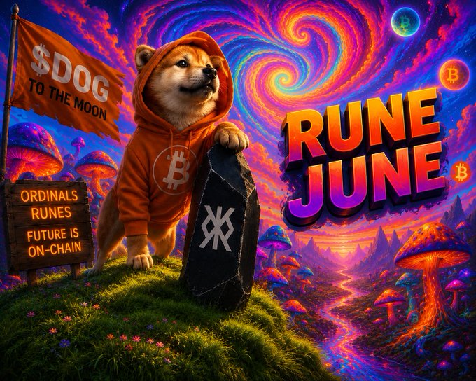 The image features a cartoon dog wearing an orange hoodie, standing on top of a hill with a large rock nearby. In front of the dog, there's a sign that says "RUNE JUNE", which could be interpreted as a reference to Bitcoin or cryptocurrency. The background is filled with colorful mushrooms and other elements typical of a fantasy world.