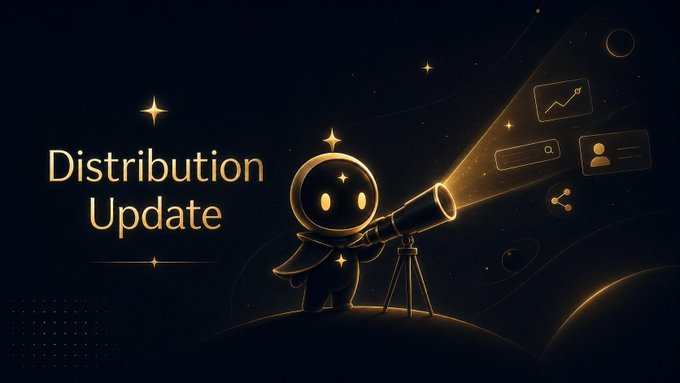A stylized 'Distribution Update' banner featuring a glowing astronaut character with a telescope on a dark starry background, with floating UI elements showing charts and profile icons.