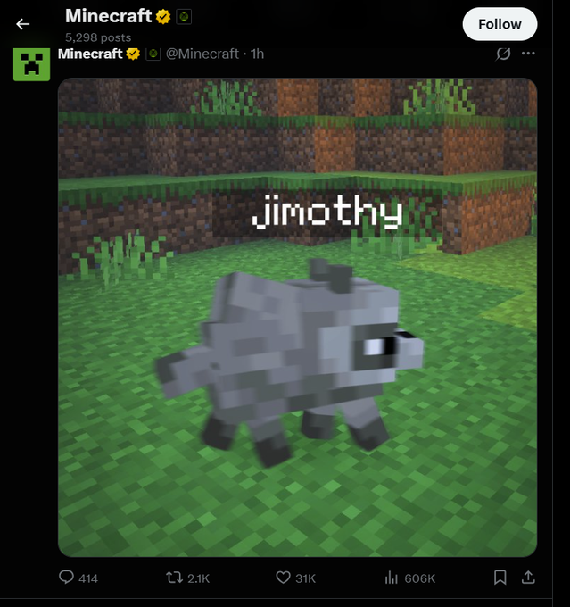A Minecraft social media post featuring a small gray wolf-like creature labeled 'Jimothy' standing on grass, with 31K likes and 606K views.