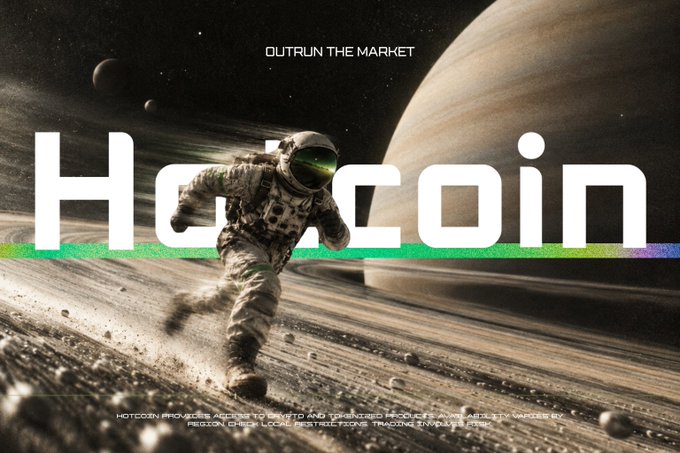 A promotional graphic for 'Hotcoin' cryptocurrency featuring an astronaut running across a planetary surface with the tagline 'OUTRUN THE MARKET' and a small disclaimer about crypto product risks.