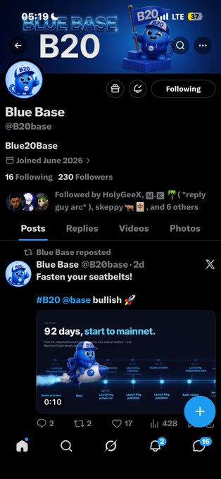 A screenshot of the "Blue Base" (@B20base) Twitter/X profile page showing 230 followers, a reposted video titled "Fasten your seatbelts!" featuring the text "92 days, start to mainnet" with "#B20 @base bullish 🚀" — promoting the B20 token launch and aligning with the accompanying post's bullish sentiment about the project.
