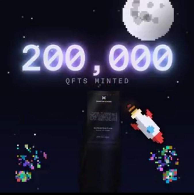 A digital graphic showing '200,000 QFTS MINTED' in glowing purple text against a starry space background, featuring a pixelated moon, a retro rocket ship, and a dark bottle.