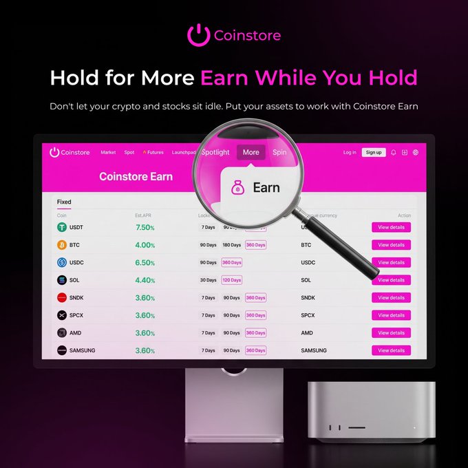 A computer monitor displays the Coinstore Earn interface highlighting fixed-coin yields up to 7.50% APR (USDT), with the "Earn" feature magnified in the center, directly illustrating the post's message about putting crypto and stocks to work—some tickers mentioned (SNDK, SPCX, AMD) appear in the table alongside crypto assets like USDT, BTC, and USDC.