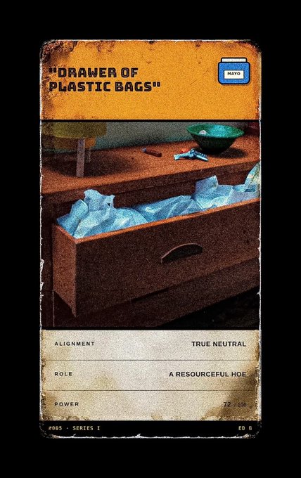 A trading card titled "DRAWER OF PLASTIC BAGS" featuring a bag of chips in an open wooden drawer, labeled "ALIGNMENT: TRUE NEUTRAL" and "ROLE: A RESOURCEFUL HOE."