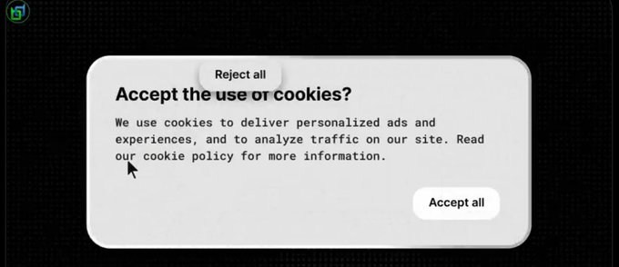 A cookie usage consent dialog asking "Accept the use of cookies?" with options to "Reject all" or "Accept all," illustrating how websites track browsing data—contrasting with @BeldexCoin's privacy-focused approach.