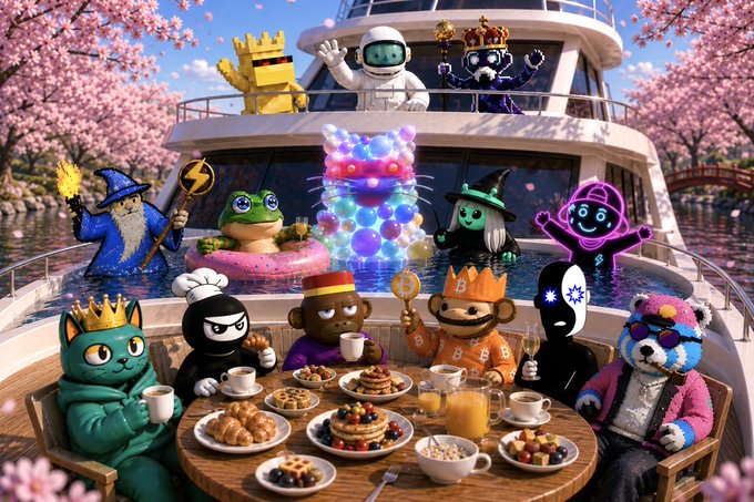 The image features a group of cartoon characters gathered around a dining table with plates of food, cups, forks, spoons, and cakes. The characters include a monkey, a bear, a cat, a frog, an elephant, and a bird. They are all sitting on chairs at the table, enjoying their meal together in a festive atmosphere. The post suggests that they have just finished breakfast or brunch, as indicated by the presence of cups and plates filled with food.
