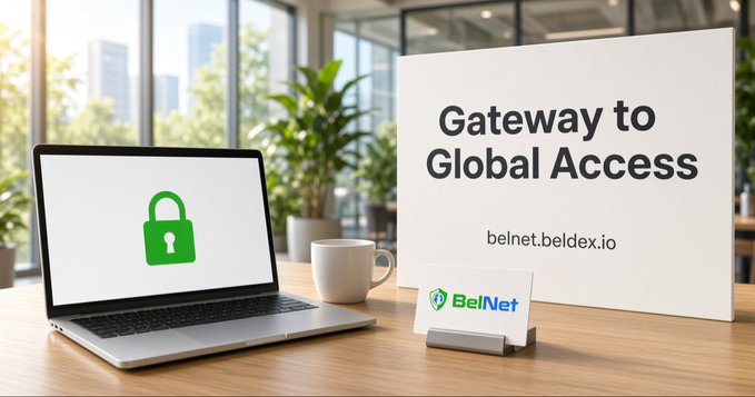 A promotional image showing a laptop with a green padlock icon on its screen, next to a sign reading 'Gateway to Global Access' with 'belnet.beldex.io' and a BelNet logo on a desk in a modern office setting.