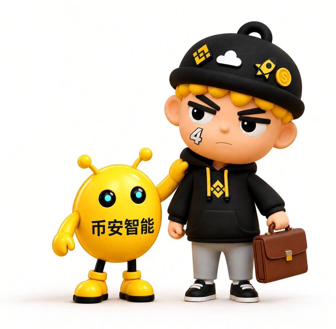 A cartoon character wearing a black hoodie and cap with the number "4" stands next to a yellow robot labeled "市安智能" (Shi'an Intelligence), holding a briefcase. The scene visually reinforces the post's theme by pairing a determined trader figure with an AI assistant mascot, suggesting that Binance Smart Chain makes crypto trading intuitive and effortless.