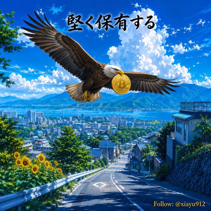 An illustration of a bald eagle flying over a scenic coastal town with sunflowers in the foreground, holding a Bitcoin coin in its talons, with Japanese text "堅く保有する" (Hold firmly) at the top and "Follow: @xiayu912" at the bottom.