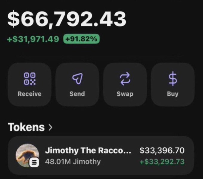 A crypto wallet screenshot displays a portfolio valued at $66,792.43 with a +91.82% gain (+$31,971.49), prominently featuring the token "Jimothy The Racco..." at 48.01M tokens, which gained +$33,292.73. The image supports the post's claim of the $JIMOTHY token rising from a 2K to 45M market cap, with the holder showing substantial profits as evidence of their call.
