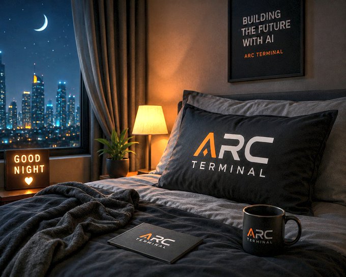 A nighttime bedroom scene featuring 'ARC TERMINAL' branded merchandise including a pillow, mug, and card, alongside a 'GOOD NIGHT' light box and a framed poster reading 'BUILDING THE FUTURE WITH AI ARC TERMINAL'.