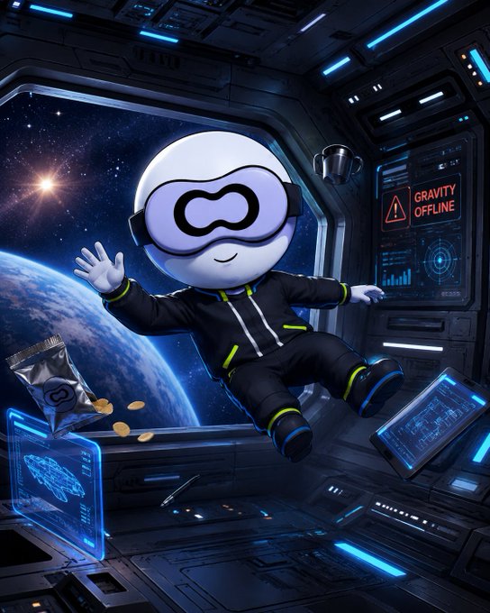 A cartoon astronaut mascot wearing the Optimum logo mask floats in zero gravity inside a spaceship with a "GRAVITY OFFLINE" alert, with a snack bag, gold coins, and a pen drifting alongside holographic displays. The "GRAVITY OFFLINE" warning cleverly visualizes the post's message about blockchains lacking "memory" — Optimum positions itself as the missing layer boosting performance, APY for validators, and speed for developers.